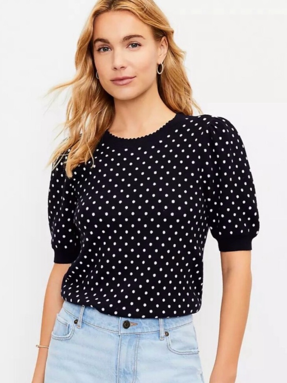 LOFT Navy and White Polka Dot Puff Sleeve Sweater